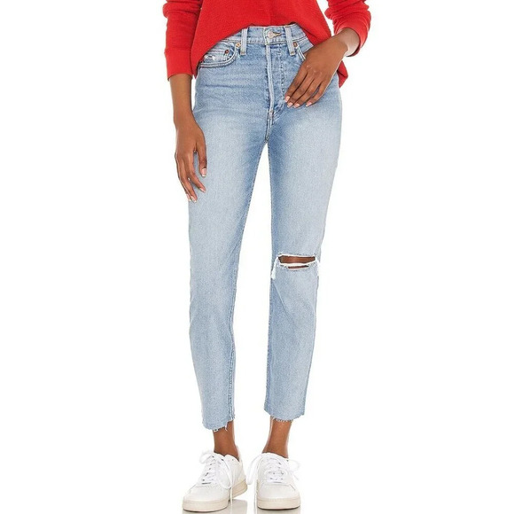 Re/Done 90's High Rise Ankle Crop Jean in Worn Light Blue Sz: 27
